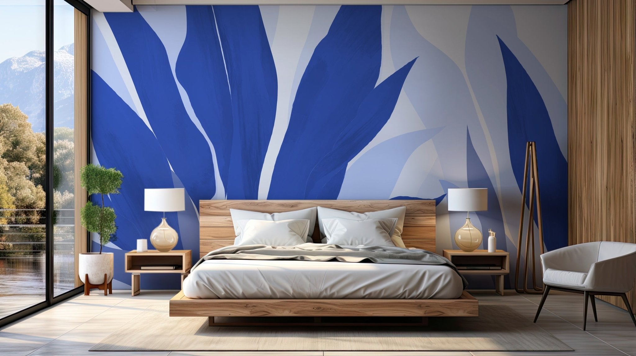 Papier peint panoramique étoffe florale bleu, mural concept, tendance