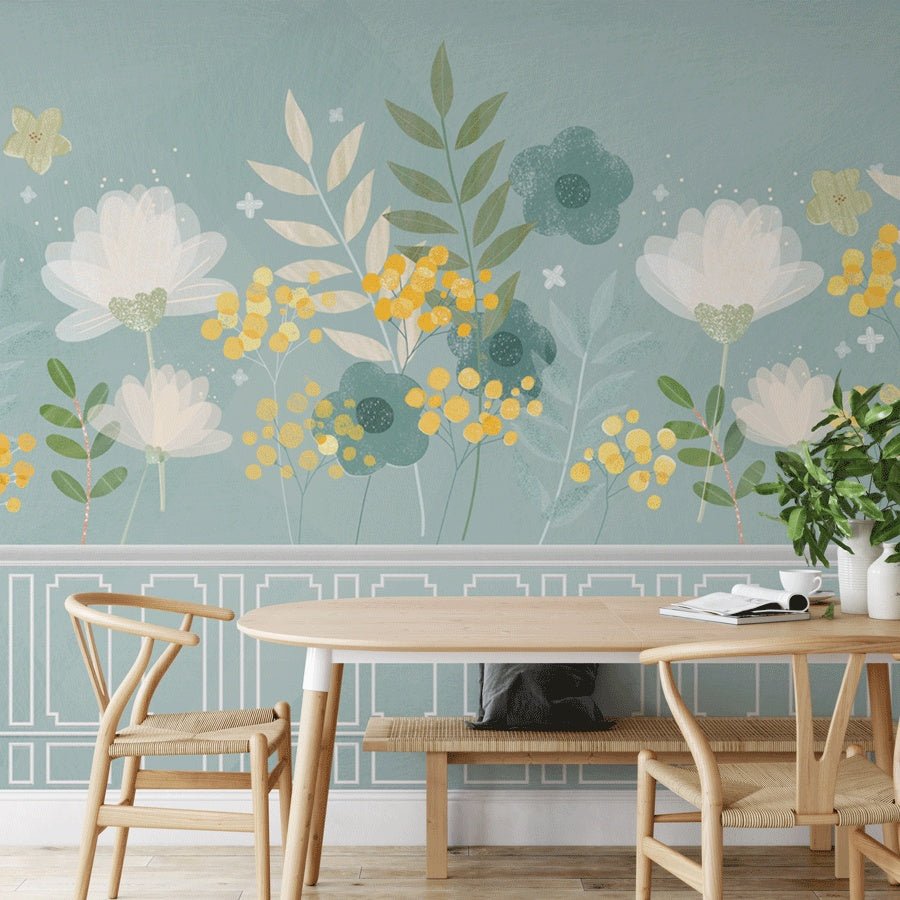 Papier peint cuisine vert d'eau et printanier floral - Muralconceptpapier_peint_sur_mesure