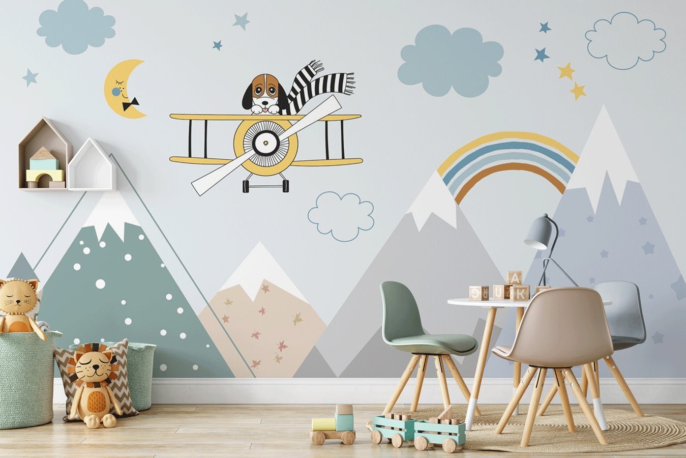 Papier peint enfant montagne scandinave bleu - Muralconceptpapier_peint_sur_mesure