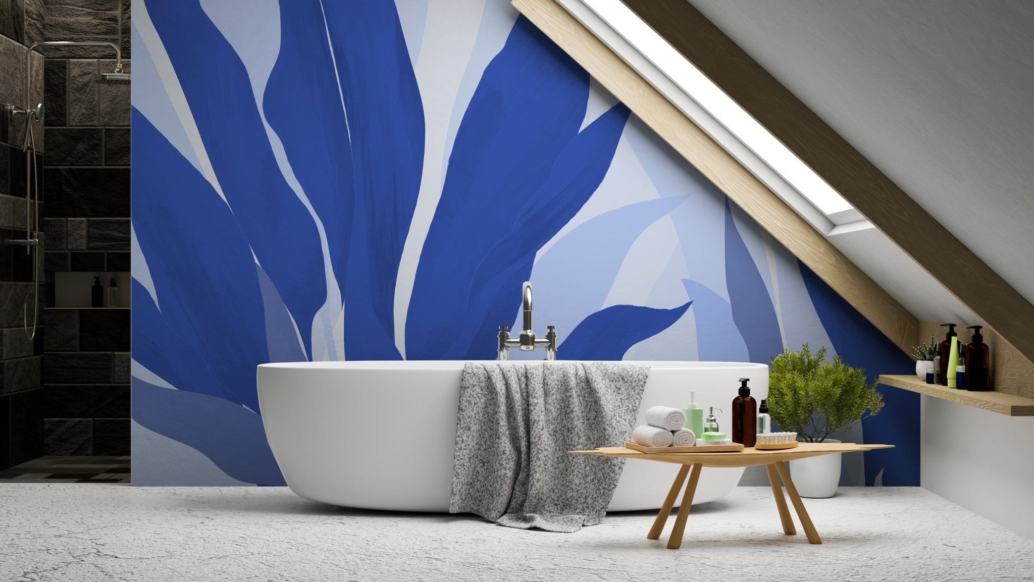 Papier peint panoramique étoffe florale bleu, mural concept, tendance