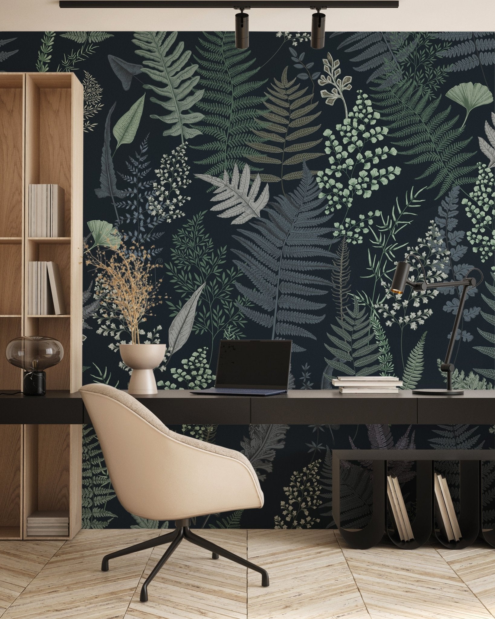 Papier peint feuille dense bleu marine, mural concept, tendance