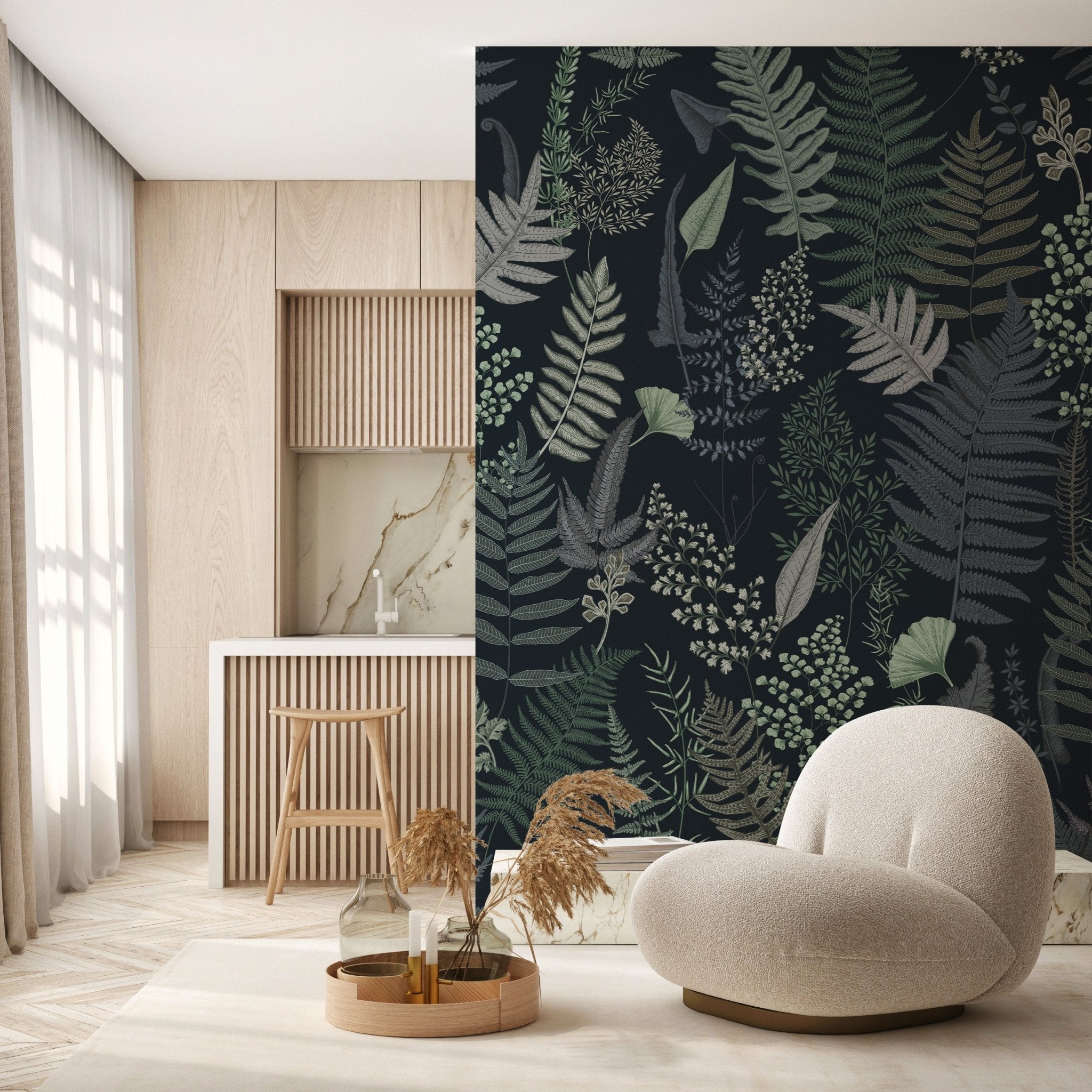 Papier peint feuille dense bleu marine, mural concept, tendance