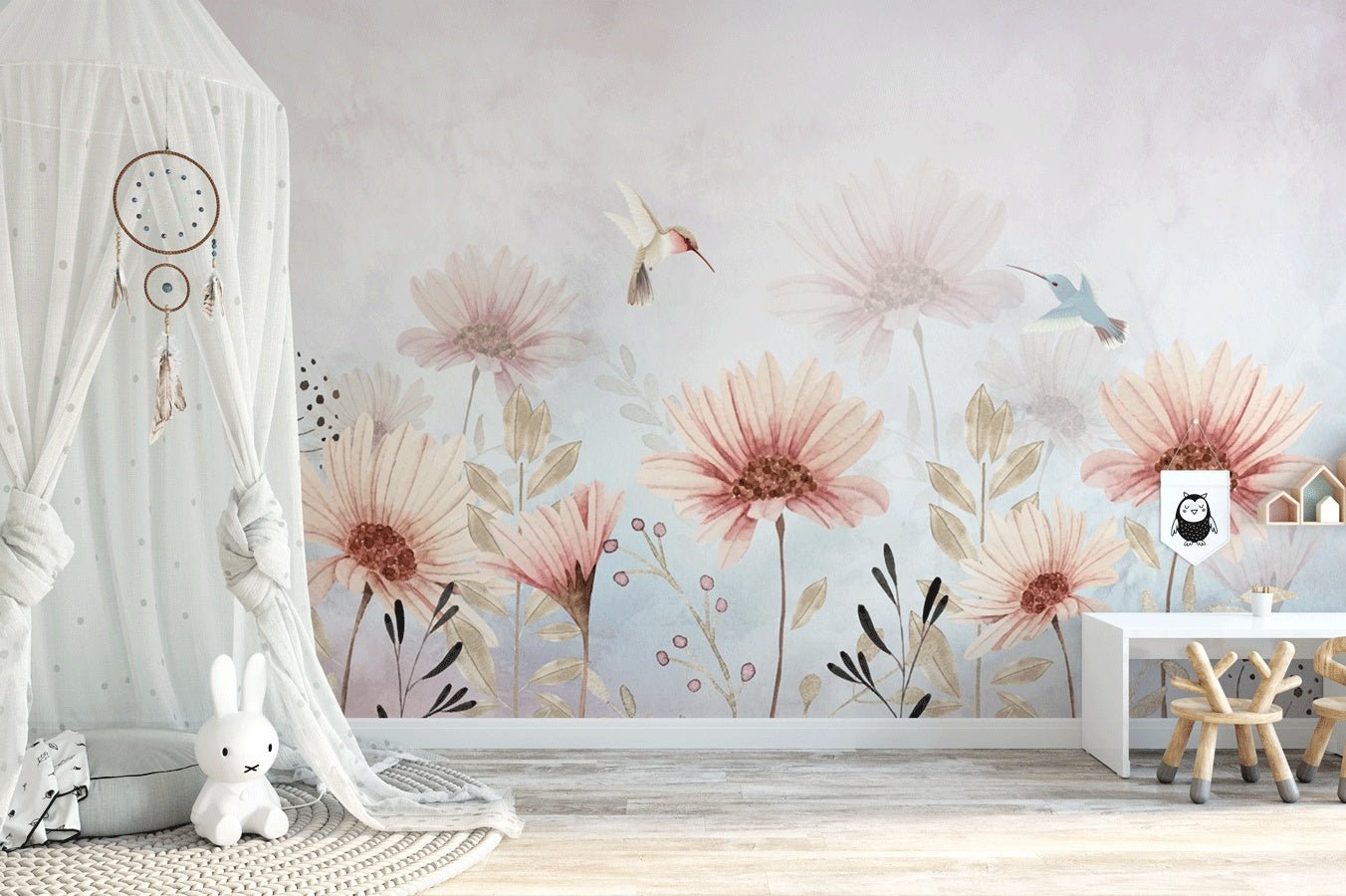 Papier peint fleurs bucoliques & colibri - Muralconceptpapier_peint_sur_mesure