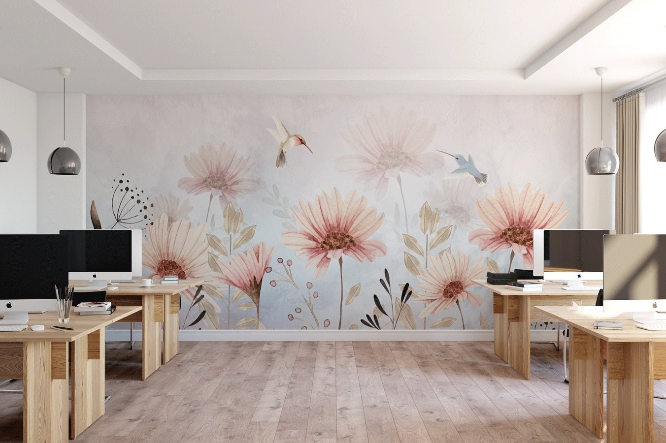 Papier peint fleurs bucoliques & colibri - Muralconceptpapier_peint_sur_mesure