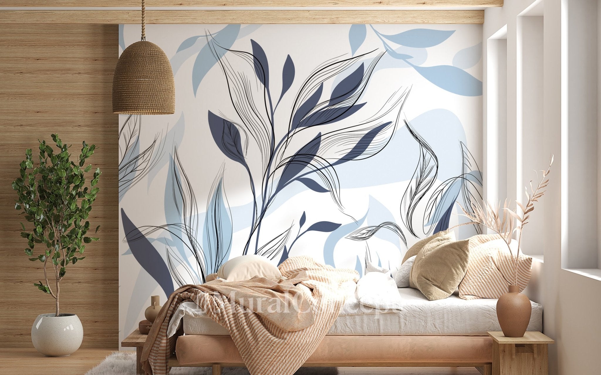 Papier peint fleur graphique bleu - panoramique français