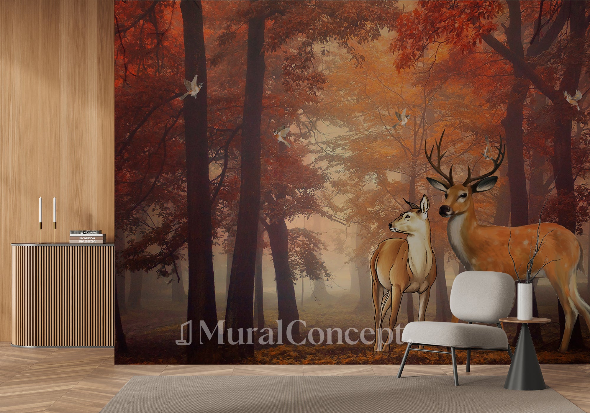 Papier peint Forêt couleur d'automne & Cerfs - panoramique français