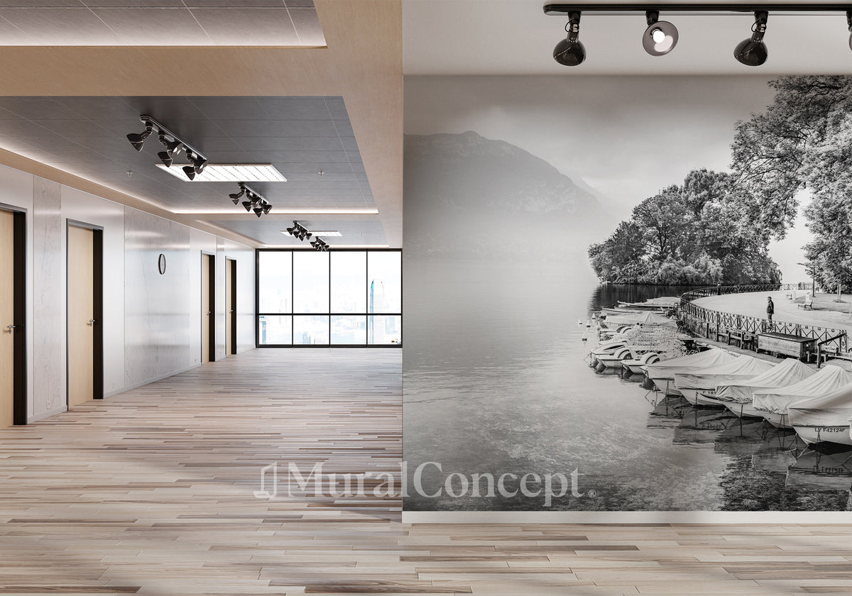 Sala di contemplazione del lago di Annecy carta da parati in bianco e nero