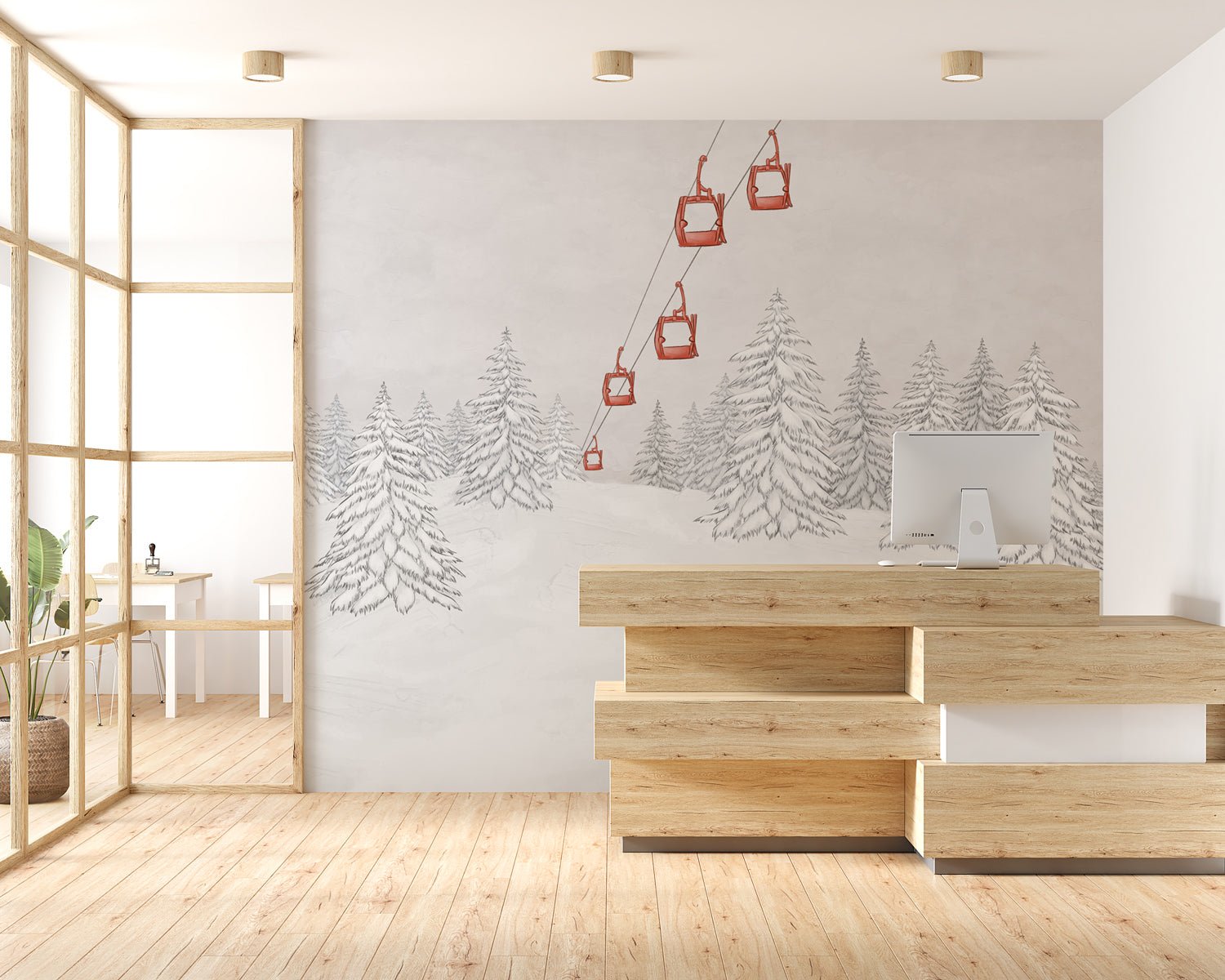 Papier peint montagne télécabine rouge, mural concept, tendance