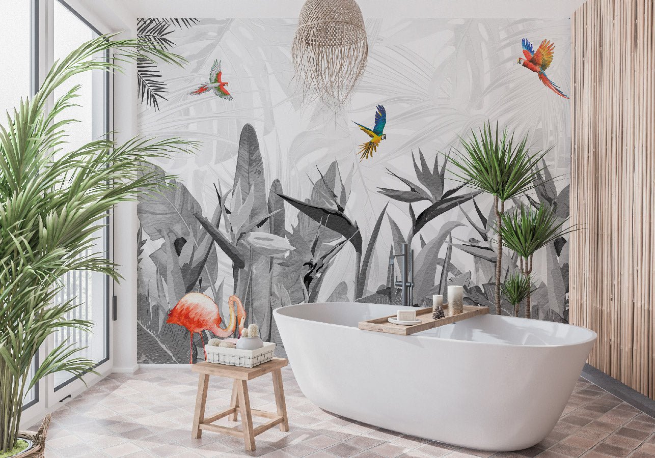 Papier peint noir et blanc oiseau du paradis - papier peint sur mesure francais - muralconcept