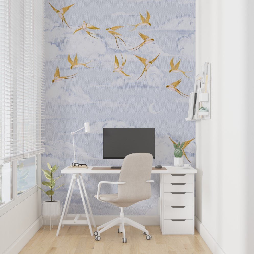 Papier peint nuage poétique oiseau or - Muralconceptpapier_peint_sur_mesure