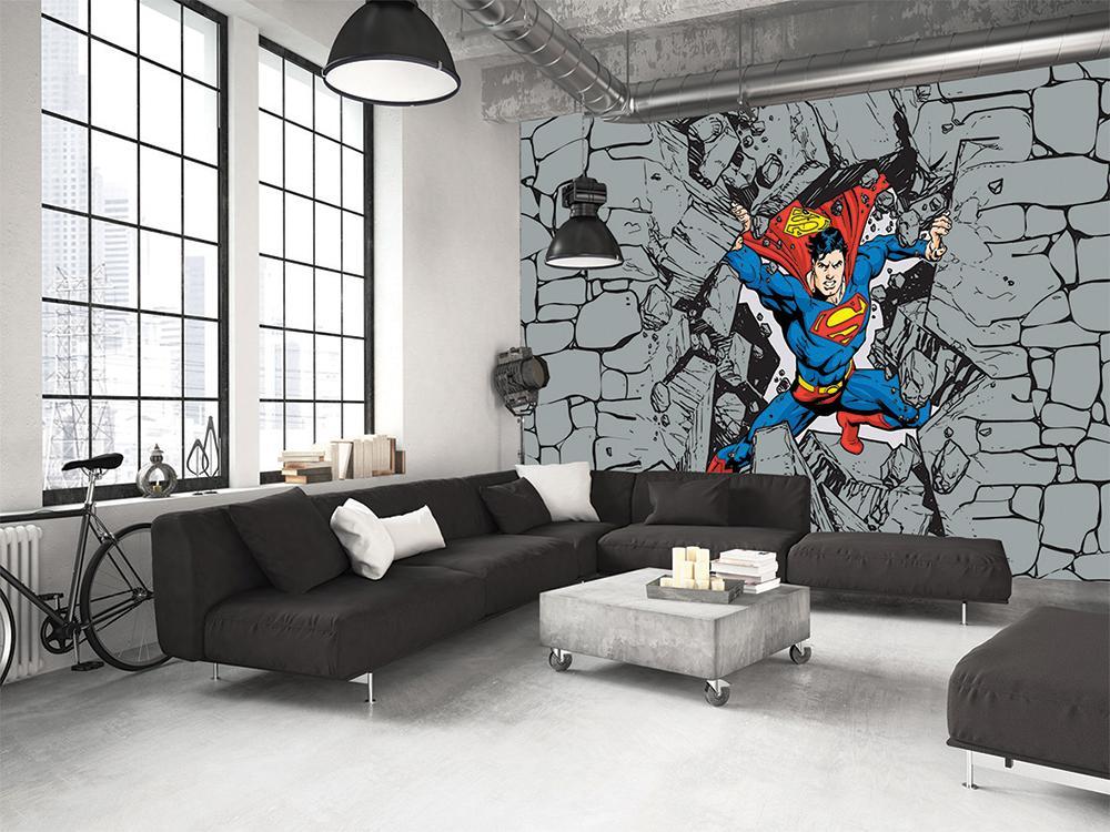 Papier peint panoramique héro superman BD démolition force mur - papier peint sur mesure francais - muralconcept