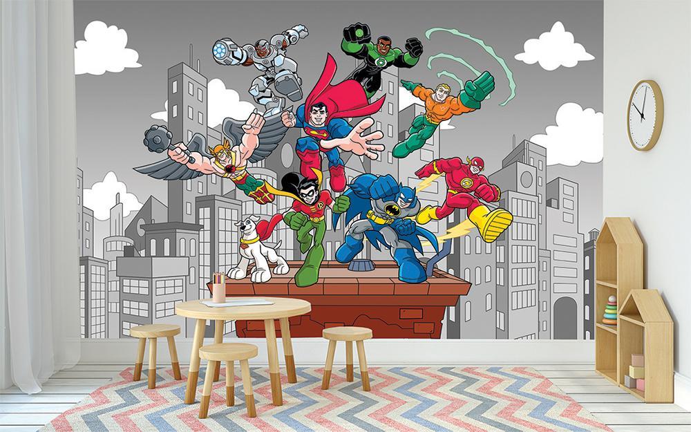 Papier peint panoramique justice league baby BD héro city - papier peint sur mesure francais - muralconcept