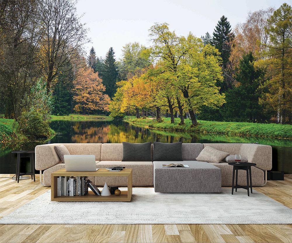 Papier peint panoramique lac et forêt - papier peint sur mesure francais - muralconcept