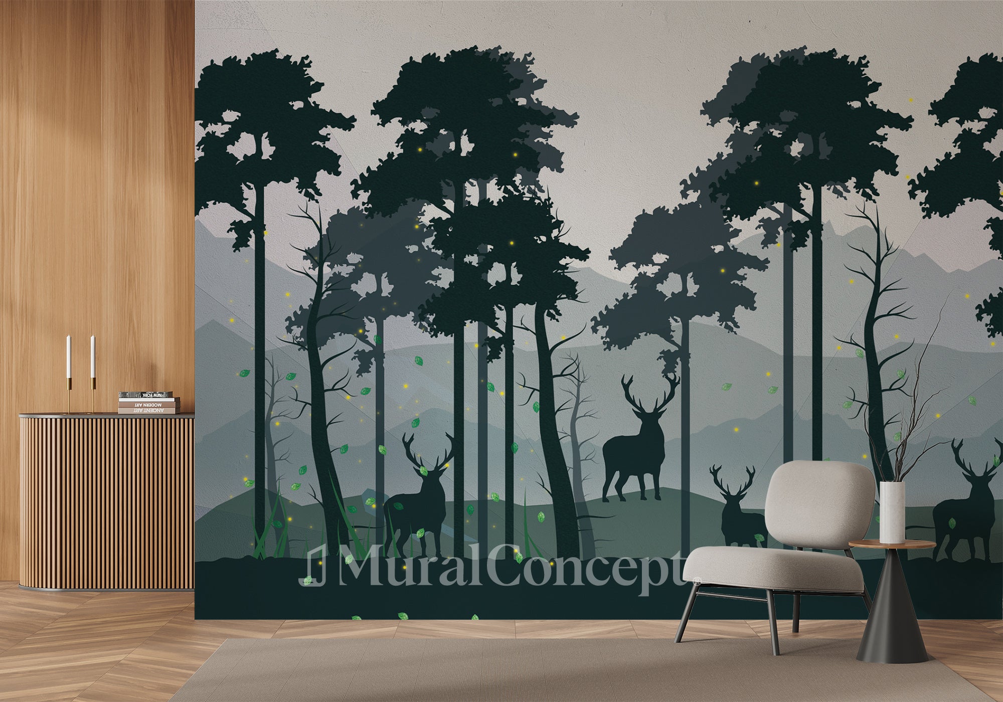 Papier peint panoramique nature forêt cerf vert profond - panoramique français