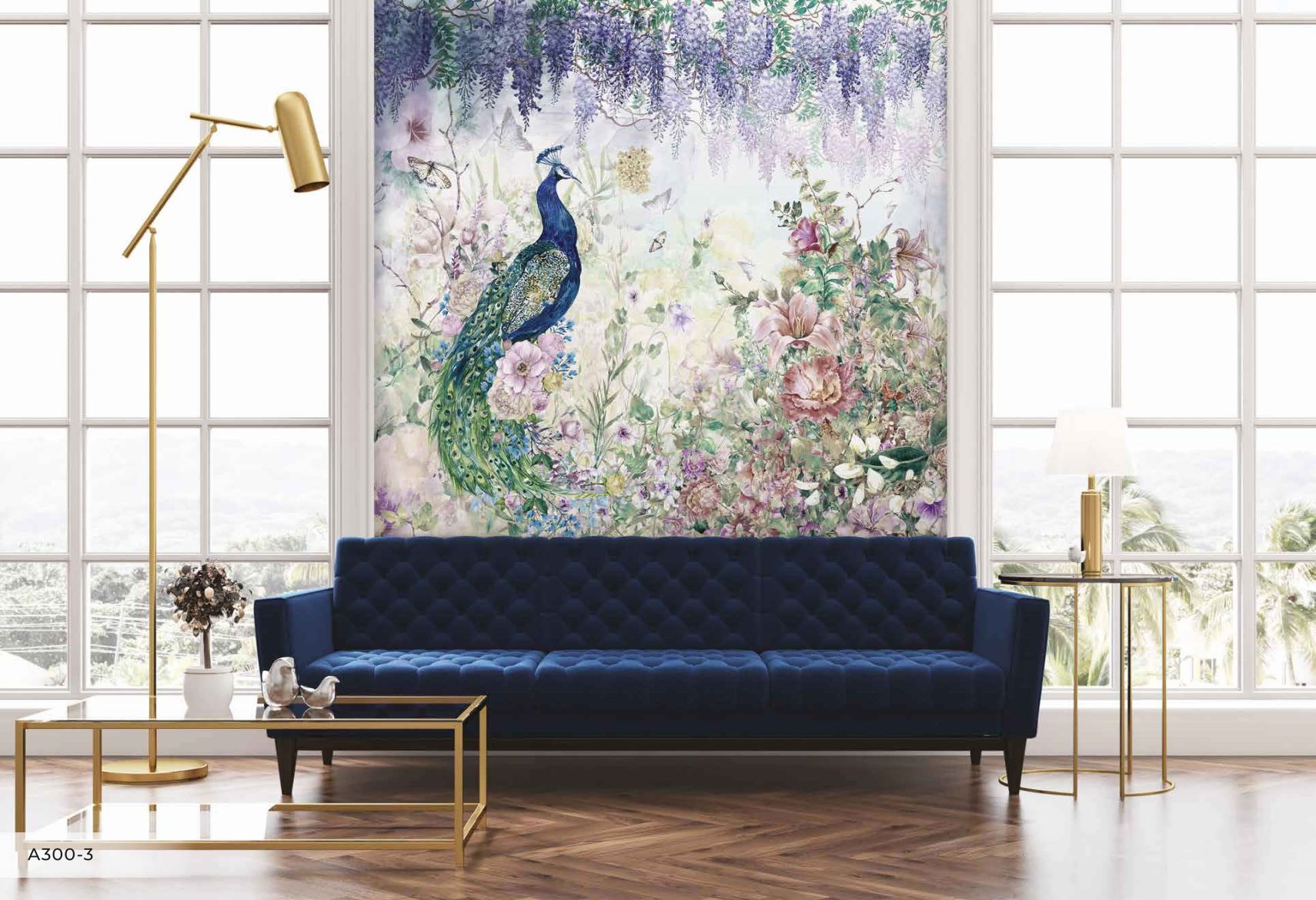 Papier Peint panoramique Peacock bleu paon floral - papier peint sur mesure francais - muralconcept