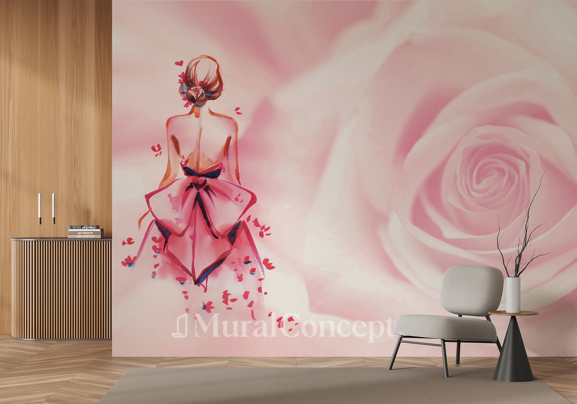 Papier peint panoramique romantique rose floral - panoramique français