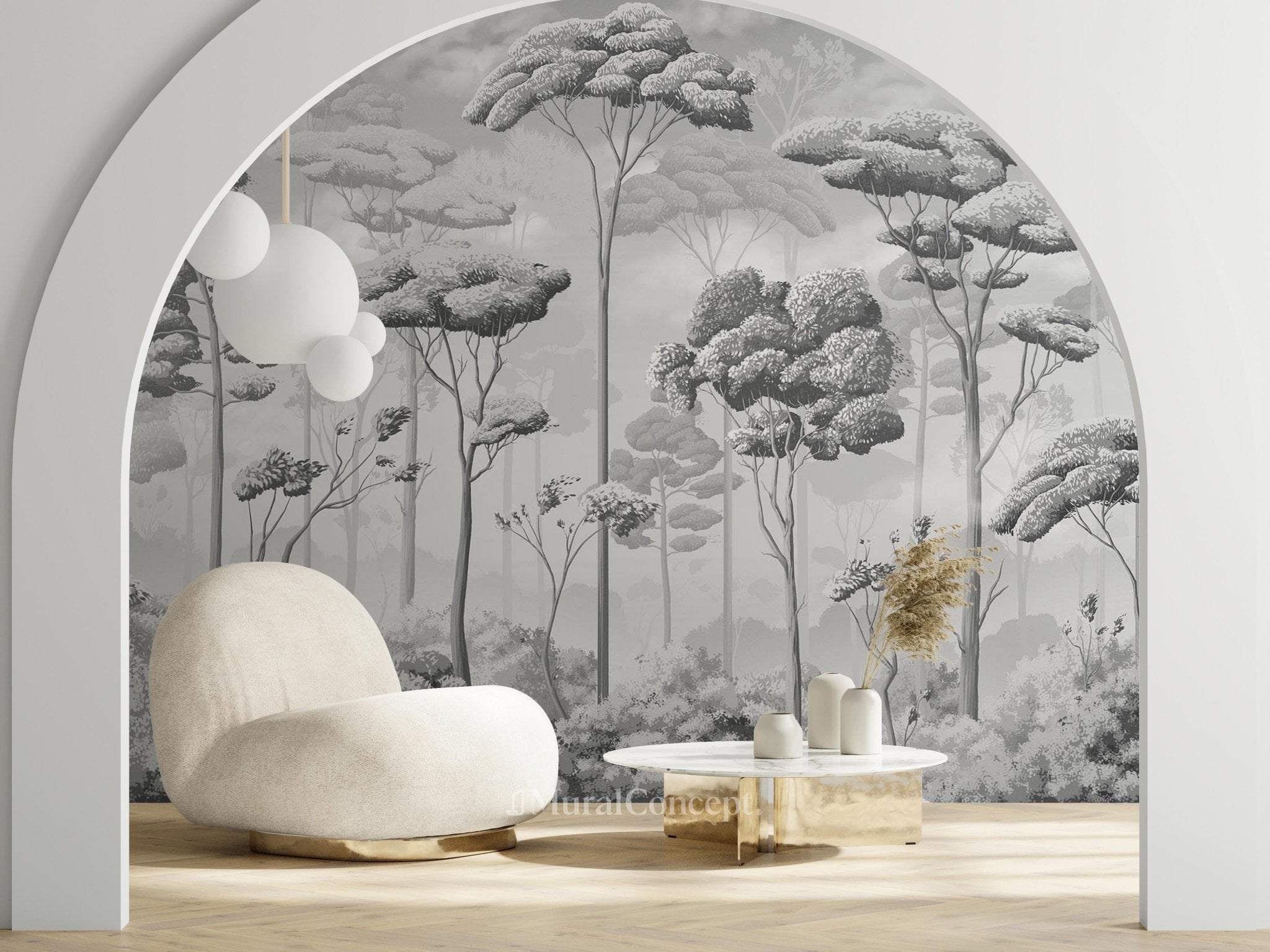 Papier peint panoramique pinèdes noir et blanc - panoramique français