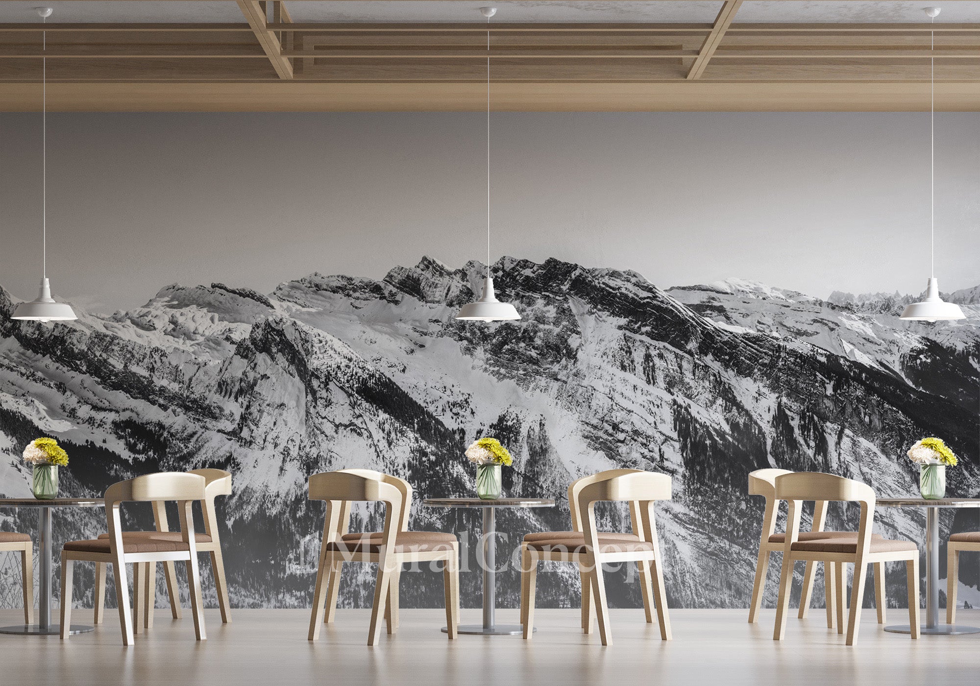 Papier peint restaurant montagne grand massif - panoramique français