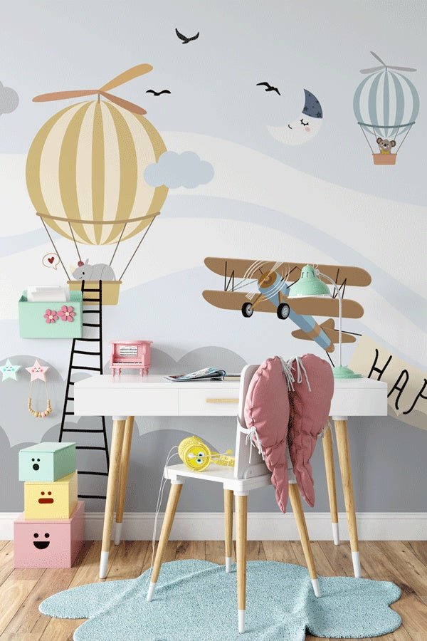 Papier peint rhinocéros avion et montgolfière - Muralconceptpapier_peint_sur_mesure