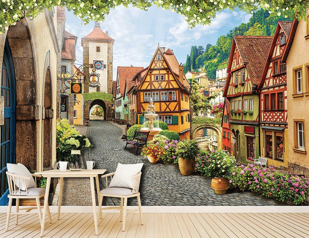 Papier peint ruelle fleurie Alsace - papier peint sur mesure francais - muralconcept