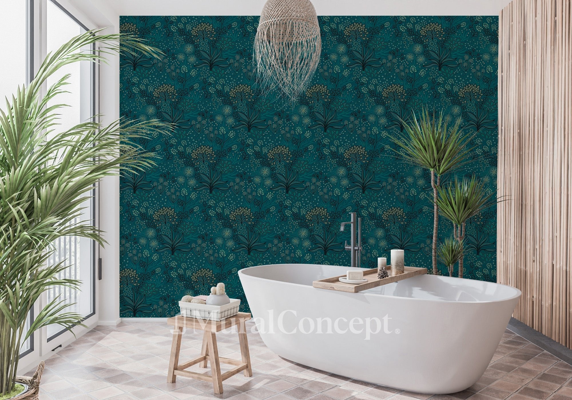 Papier peint salle de bain essence végétale bleu canard - panoramique français