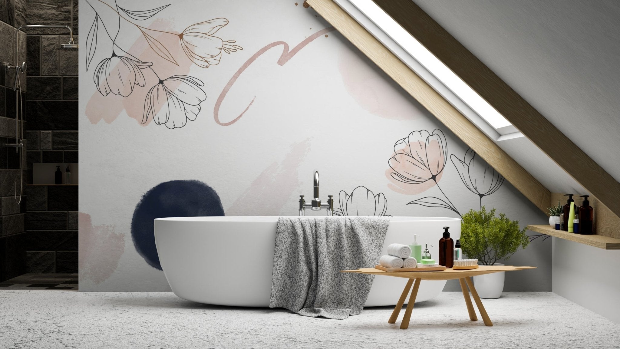 Papier peint formes et fleurs, mural concept, tendance