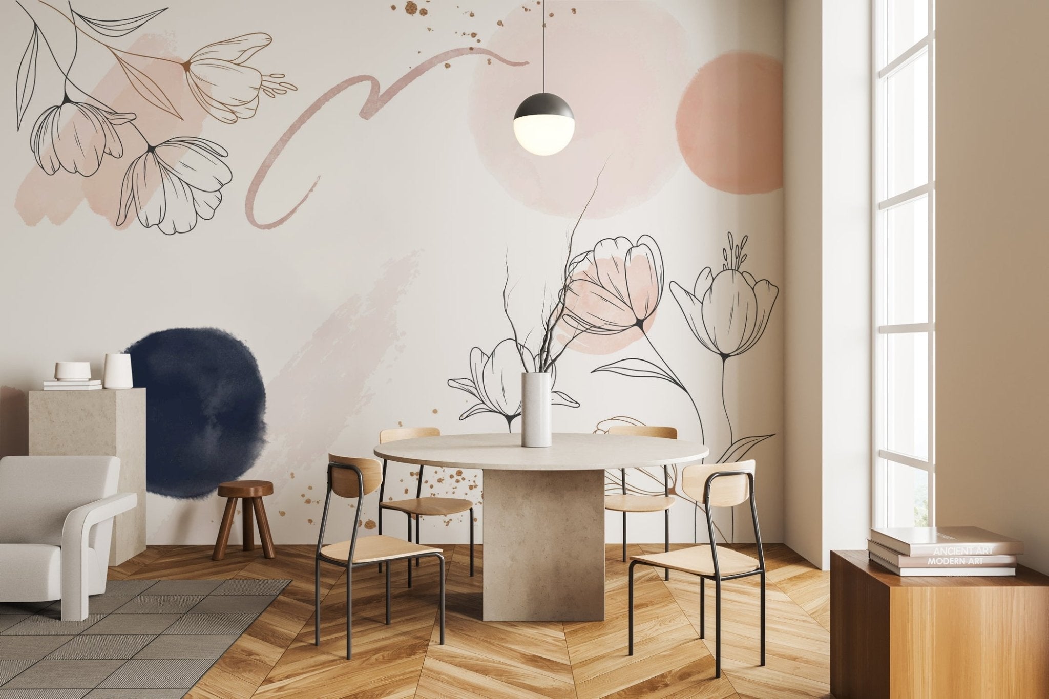 Papier peint formes et fleurs, mural concept, tendance