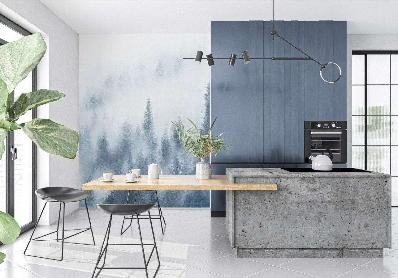 Papier peint sapin brume bleu aquarelle - Muralconceptpapier_peint_sur_mesure