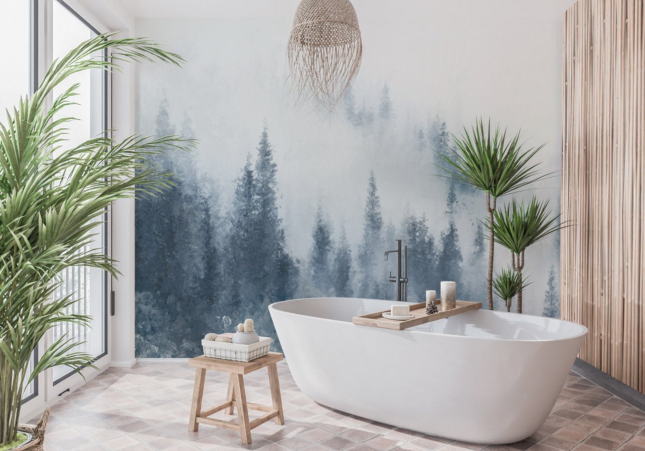 Papier peint sapin brume bleu aquarelle - Muralconceptpapier_peint_sur_mesure