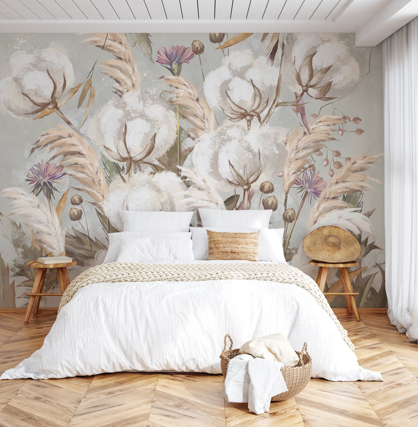 Papier peint panoramique fleur coton, mural concept, tendance