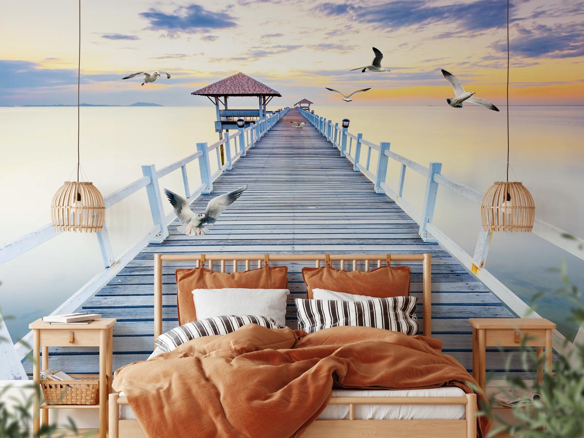 Papier peint trompe l’œil Ponton vue sur mer - papier peint sur mesure francais - muralconcept