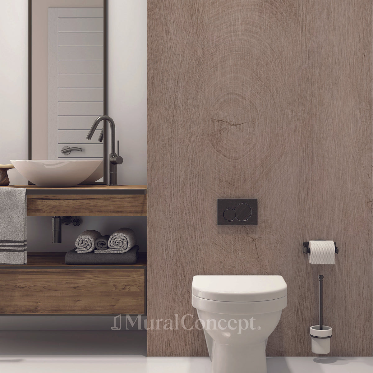 Carta da parati wc pannello in legno tonalità rovere marrone