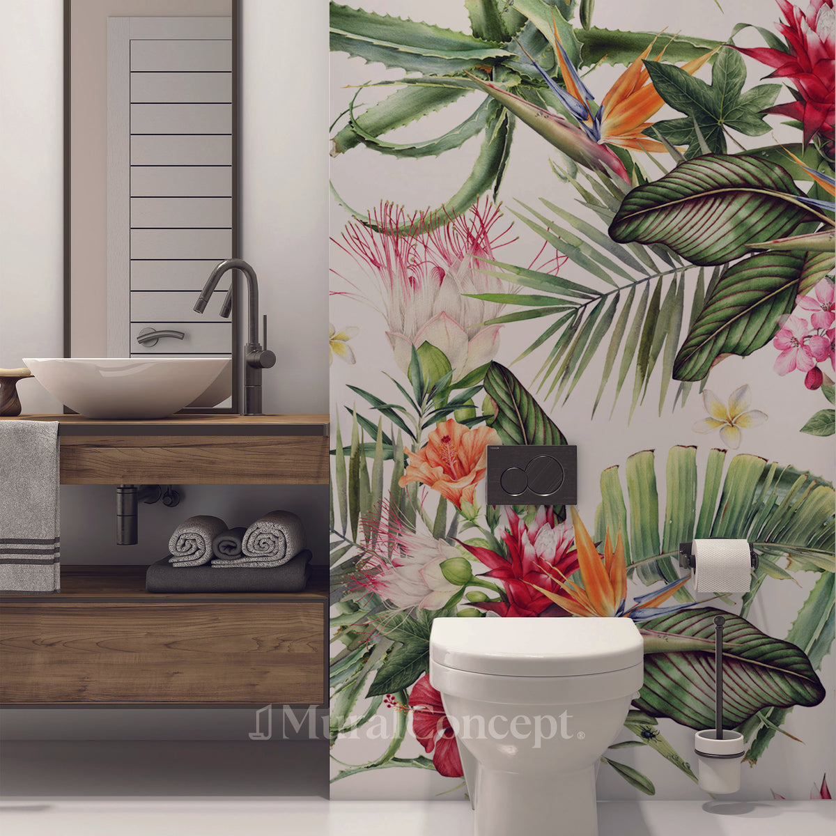 Carta da parati per toilette tropicale e fiori colorati