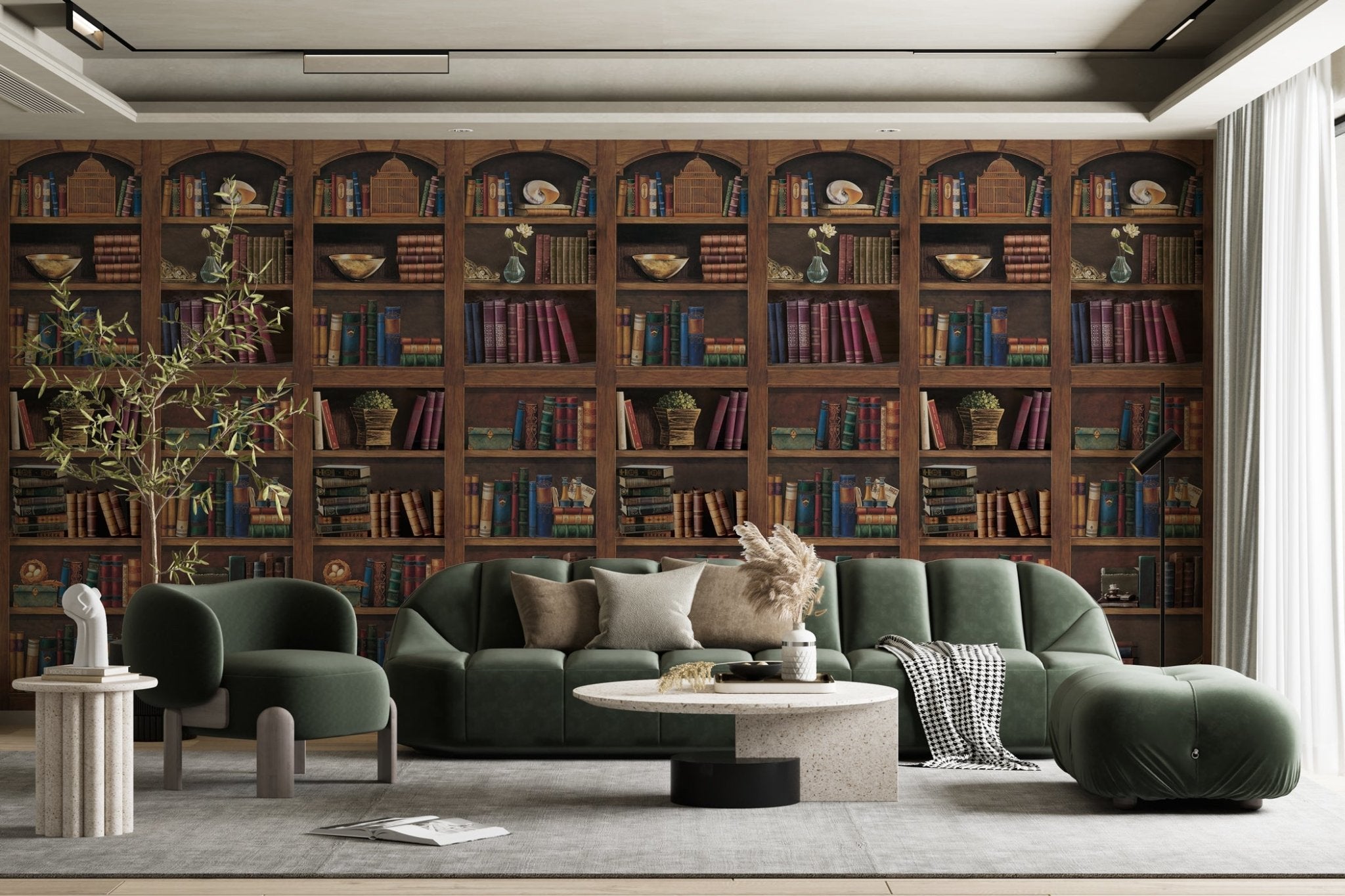 Papier peint cabinet de curiosité bibliothèque - panoramique français